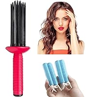 17 Teeth Round Comb Hair Brush Styler for Curly Hair, Portable Anti‑Slip Curling Wand, Curly Hair Styler Tool, Air Volume Comb with Hair Roller Clips (3Pcs-Blue)