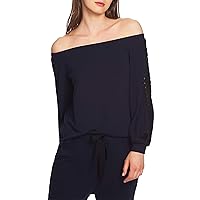 1 STATE Lace-Trim Off-The-Shoulder Top (Blue, M)