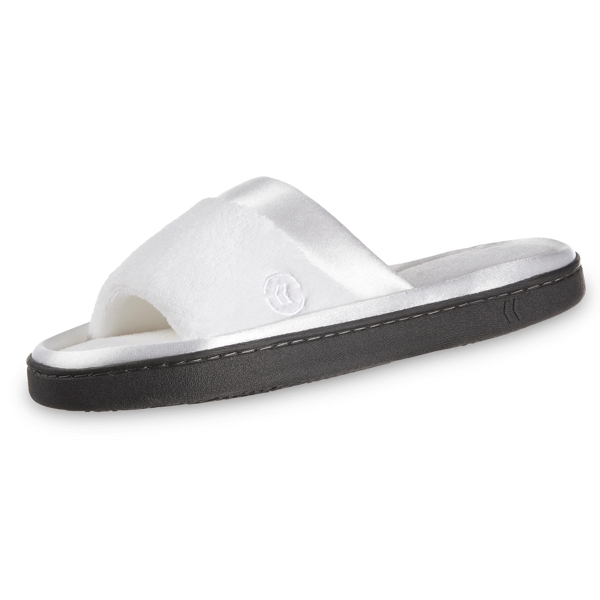 isotoner Women's Soft Microterry Wider Width Slide Slippers, with Satin Trim and Comfort Footbed