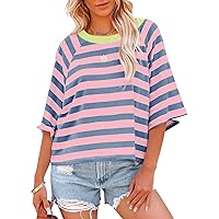 Dokotoo Tops for Women Striped 2024 Fashion T Shirts for Women Color Blocking Design Loose Basic Tee