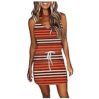 Casual Dresses for Women 2024 Summer V-Neck Short Sleeve Dresses Loose Trendy Striped Print Dress