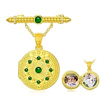 SOULMEET Personalized 10K 14K 18K Gold/Plated Gold Round Emerald Locket Picture Brooch Natural Gemstone Emerald Locket Charm Custom Fine Jewelry Gift for Wome Men