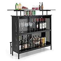 Giantex 4-Tier Home Bar Unit, Home Bar Cabinet w/ 2 Wine Storage Shelves & 6 Stemware Holders, Metal Front & Footrest, 7 Adjustable Feet, Industrial Metal Wine Bar Table for Kitchen, Pub, Black