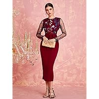Womens Fall Fashion 2022 Belted Floral Embroidery Sheer Mesh Sleeve Dress (Color : Burgundy, Size : Small)