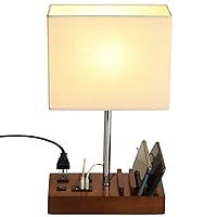 Briever USB Table Lamp, Multi-Functional Bedside Desk Lamp with 2 AC Outlets, 3 USB Charging Ports and Wooden Phone Stands, Modern Nightstand Lamp for Bedroom, Guest Room, Office