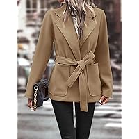 Coat For Women - Dual Pocket Lapel Collar Batwing Sleeve Belted Overcoat