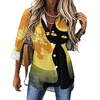 Solar Eclipse Cat Moon Loose Long Sleeve Shirts for Women Button Down T Shirts Versatile Tops Tees