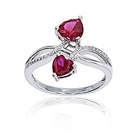 DECADENCE Sterling Silver Rhodium Cubic Zirconia Round & 5mm/6mm Heart Shape Created Ruby 2-Bypass Hearts Ring