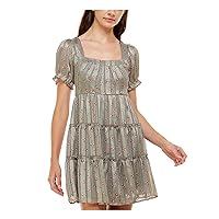 Womens Pleated Metallic Zippered Lined Tiered Pouf Sleeve Square Neck Mini Party Baby Doll Dress