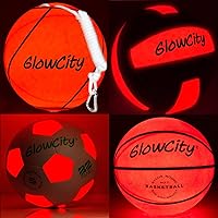 GlowCity Glow Balls for Kids - Pack of 4 with Official Sized Glow in Volleyball, LED Basketball, Size 5 Light Up Soccer Ball and LED Tetherball - Spare Batteries Included