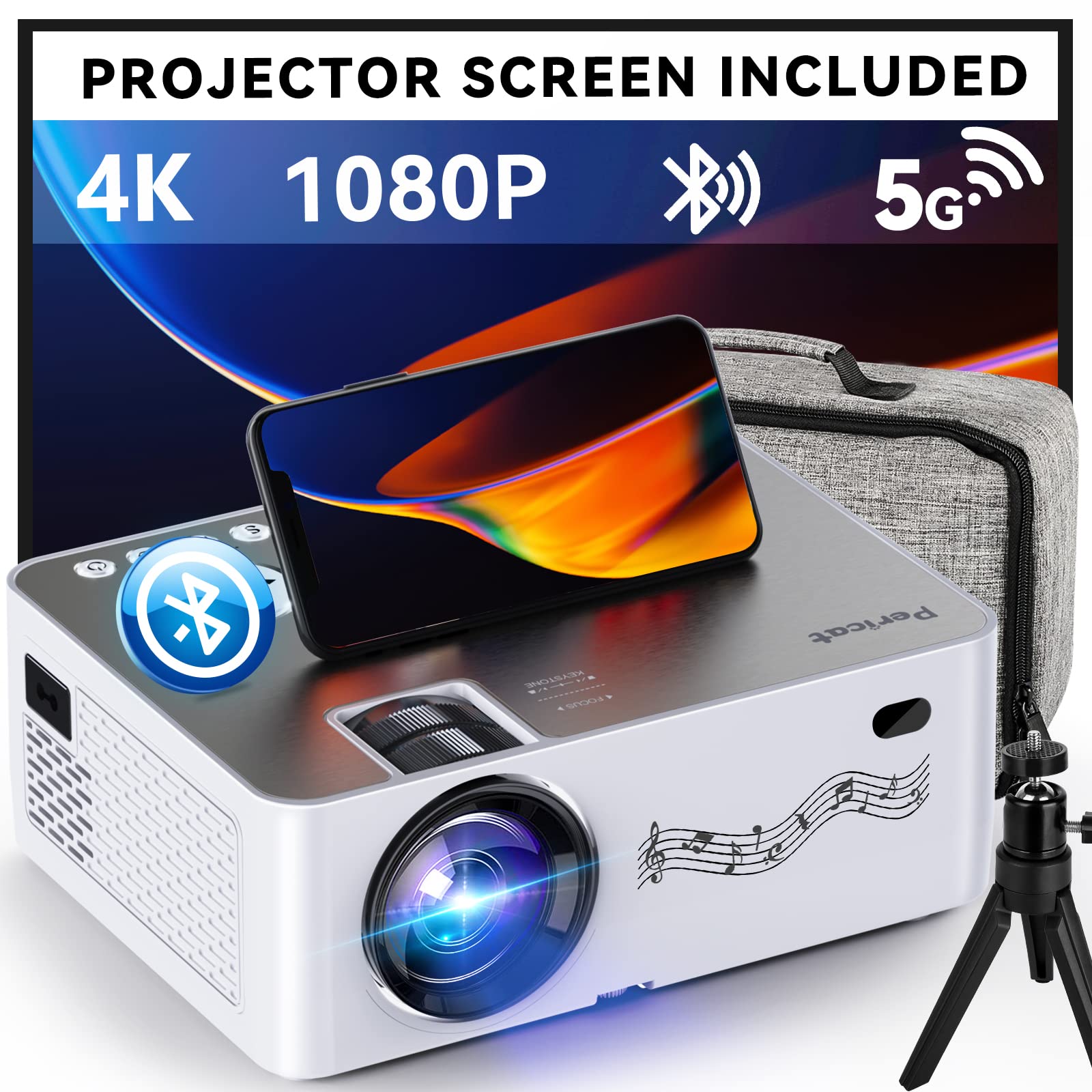 Projector with WiFi and Bluetooth, 5G WiFi, Native 1080P/16000L Video Projector with Screen, 4K Support Outdoor Projector, 350'' Display Phone Projector with Carry Bag for iPhone,TV Stick, Mac