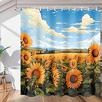 Summer Sunflower Shower Curtain for Bathroom Decor, Field with Cloud 72x72in Bath Curtains, Waterproof Bathroom Curtains with Hooks for Bathtubs