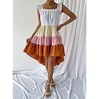 Summer Dresses for Women 2022 Colorblock Cap Sleeve Ruffle Hem Dress Dresses for Women (Color : Multicolor, Size : X-Small)