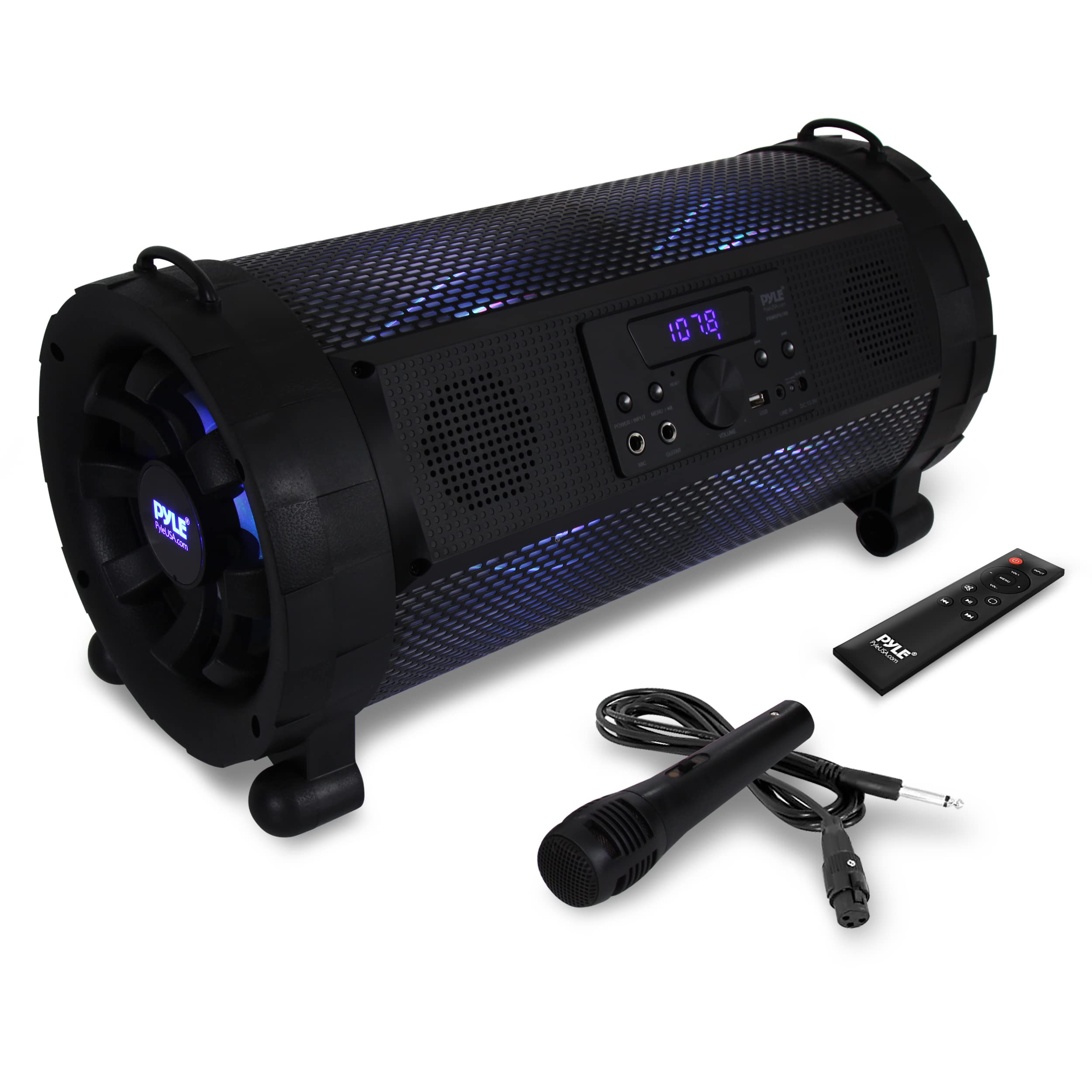 Pyle Bluetooth Boombox Street Blaster Stereo Speaker - Portable Wireless Power FM Radio / MP3 System w/ Remote, LED Lights & Rechargeable Battery - PBMSPG190 , Black