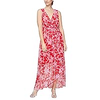 S.L. Fashions Women's Sleeveless Chiffon V-Neck Wrap Dress with Cascade Ruffle