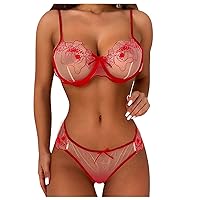 Women's Teddy Lingerie Sexy Lace Flower Mesh Embroidered Sheer Lingerie Two Piece Set Outfit