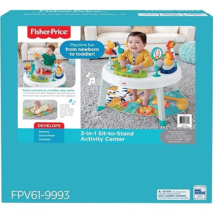 Fisher-Price Baby to Toddler Toy 3-in-1 Sit-to-Stand Activity Center with Playmat plus Music Lights and Spiral Ramp