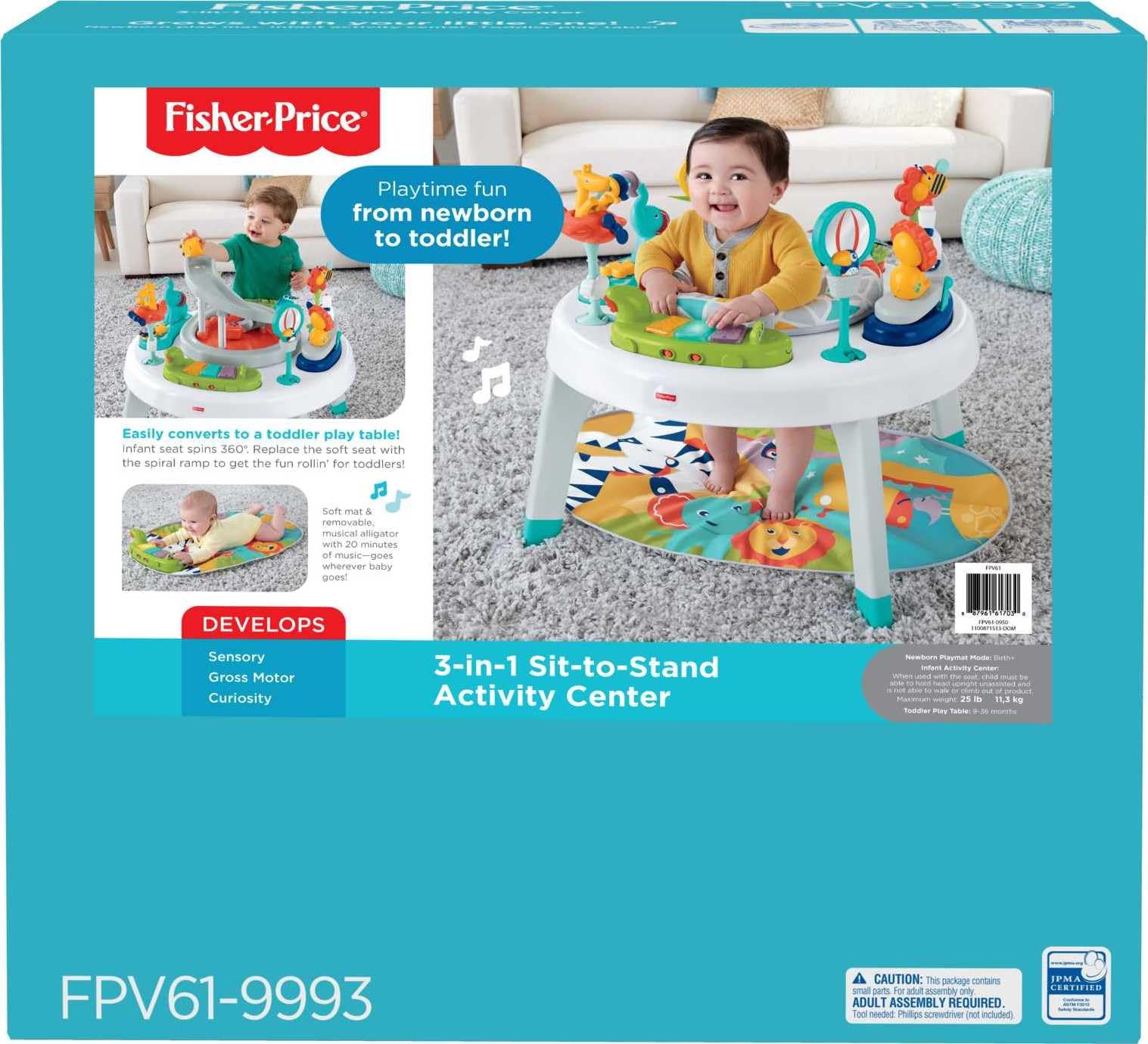 Fisher-Price Baby To Toddler -Toy 3-In-1 Sit-To-Stand Activity Center With Playmat Plus Music Lights And Spiral Ramp