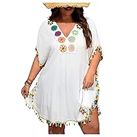 Verdusa Women's Plus Size Floral Print Tassel Trim Swimsuit Cover Up V Neck Half Sleeve Beach Dress