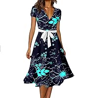 Summer Dresses for Women Floral Beach Midi Dress Cute Wrap V Neck Belted Sundress Flowy Boho Dress Casual Vacation Maxi Dress