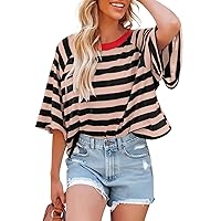 Tops for Women Striped 2024 Summer Trendy T Shirts for Women Color Blocking Design Loose Basic Tee