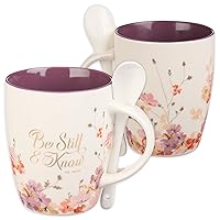 Christian Art Gifts Coffee and Tea Scripture Mug with Ceramic Spoon Set for Women: Be Still and Know - Psalm 46:10 Inspirational Bible Verse Message Hot & Cold Beverage, Purple/White Floral, 12 oz.