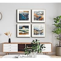 Living Room Boho Wall Art with Metal Frame, 4 Piece Nordic Ocean Wall Print for Bedroom,Large Forest Landscape Artwork Office Kitchen Wall Decor 40x40inch