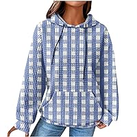 Women's Waffle Hoodie Plaid Print Lightweight Hooded Sweatshirt Fall Hood Tops with Kanga Pocket