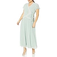 J Kara Women's Plus Size Faux Wrap Long Dress W/Flutter Sleeve