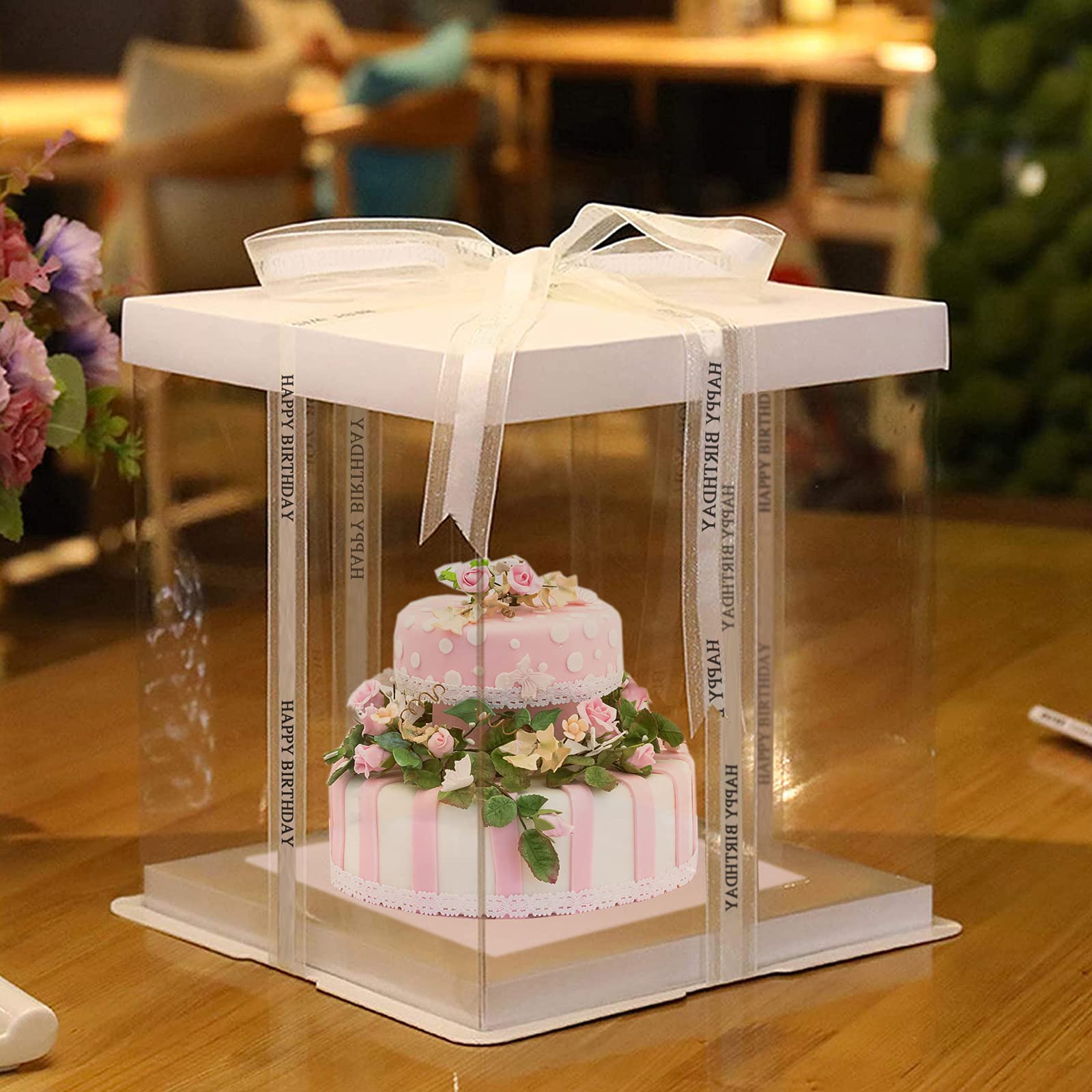10Pcs PET Clear Cake Box,7x7x8 Inch Cake Packaging Boxes, Transparent Cake Boxes of Bakery, Clear Gift Boxes, Plastic Candy Box with Lid and Ribbon, Cake Carrier Display for Wedding Party Birthday