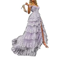 Women's Spaghetti Straps Lace Tulle Tiered Prom Dress Long Sparkly Corset Formal Evening Party Gowns with Slit