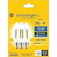 GE Ultra Bright LED Light Bulbs, 100W, Soft White Candle Lights, Clear Decorative B12 Light Bulbs (3 Pack)
