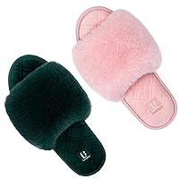 LongBay Set of 2 Pairs-US Size 9-10 Women's Fuzzy Faux Fur Memory Foam Cozy Flat Spa Slide Slippers Comfy Open Toe Slip On House Shoes Sandals