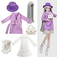Proudoll 1/3 BJD Doll Clothes 60cm 24in SD Ball Jointed Dolls Accessories Purple Set Hat Wig Coat Dress Handbag Boots