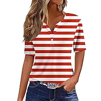 Women's Independence Day Print Button Vacation Trendy V Neck Boho Short Sleeve Shirts T Shirt Tee