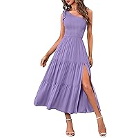 MEROKEETY Women's Summer One Shoulder Sleeveless Knot Smocked Midi Dress Split Tiered Flowy Dresses