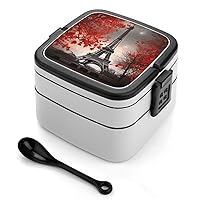 Eiffel Tower Autumn Leaves Bento Box with Compartments Double Layer Bento Lunch Box with Spoon And Handle All-in-One Adult Lunchbox Leakproof Lunch Container for Work Picnic Travel