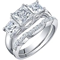 PEORA 2.75 Carats Moissanite 3-Stone Princess Cut Engagement Ring and Wedding Band Bridal Set for Women 925 Sterling Silver, D-E Color, VVS Clarity, Sizes 4 to 10