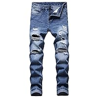 Men's Ripped Distressed Destroyed Jeans Slim Fit Straight Leg Hip Hop Denim Pants Vintage Washed Jean with Holes