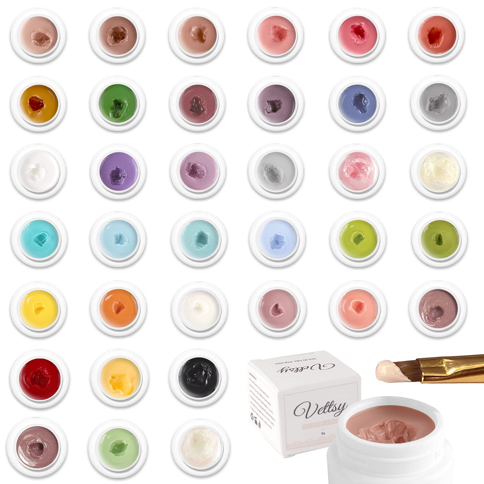 Vettsy Solid Pudding Gel Polish 36 Colors Set, Highly Pigmented Solid Cream Gel Polish Set with Brush and Color Swatches, Perfect Nail Polish Kit f...