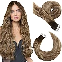 Moresoo Tape in Hair Extensions Balayage Human Hair Tape in Extensions Ombre Dark Brown to Medium Brown Mix with Blonde Tape in Human Hair Extensions Silky Straight Hair 22 Inch #4/6/613 20pcs 50g