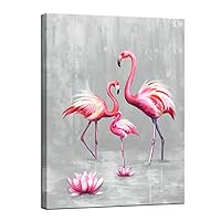 LevvArts Animal Canvas Wall Art Pink Flamingo family Painting Picture Animal Love Canvas Prints Pink and gray Artwork Stretched and Framed Living Room Bedroom Decor 24x32inch