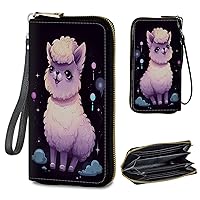 Womens Wallet PU Leather Wristlet Wallets for Women, Large Capacity Lady Fashion Wallet Card Holder Zipper Wallet with RFID Blocking Phone Wristlet Purse, Cute Fluffy Alpaca