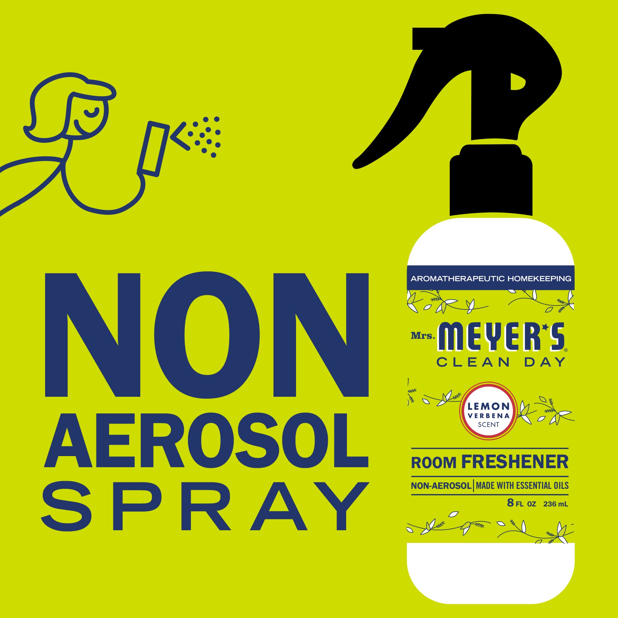 Mrs. Meyer's Room and Air Freshener Spray, Non-Aerosol Spray Bottle Infused with Essential Oils, Lemon Verbena, 8 fl. oz - Pack of 3