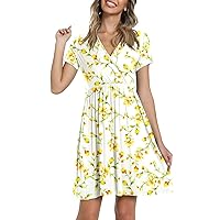 Women 2024 Summer Midi Dress Casual Lightweight Floral Print Dress Short Sleeve V Neck Loose Fit Sundress for Beach Vacation