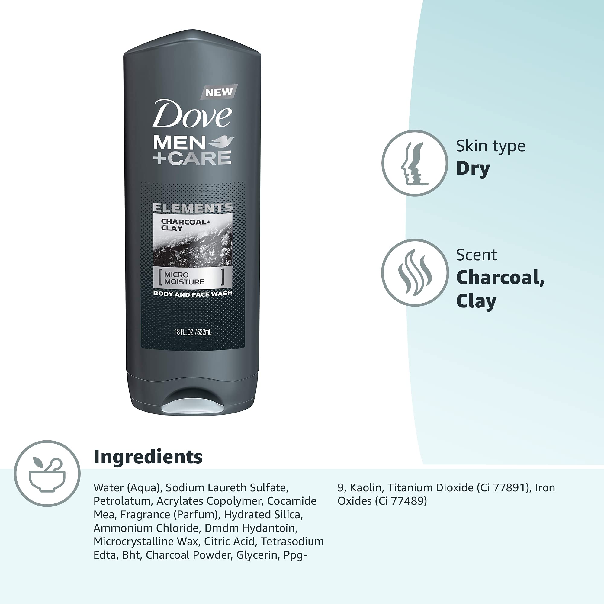 DOVE MEN + CARE Elements Body Wash Charcoal + Clay, Effectively Washes Away Bacteria While Nourishing Your Skin, Gray, 18 Fl Oz (Pack of 4)