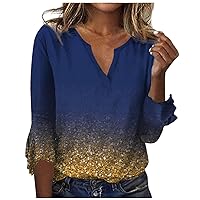 Fall Graphic Tees for Women,Women's Top Loose Casual V-Neck Printed Blouses Bell 3/4 Sleeve T-Shirt