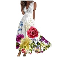 Beach Dresses for Women 2024 Vacation Spring Summer Elegant V Neck Sleeveless Maxi Dress Trendy Floral Flowy Dress