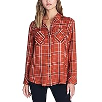Clothing Womens Plaid Button Up Shirt, Brown, X-Small