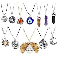 12 Pcs Crystal Pendant Necklace Evil Eye Necklace Sunflower Necklace Moon and Sun Hippie Necklace Indie Aesthetic Jewelry Accessories Set for Women Men Girls